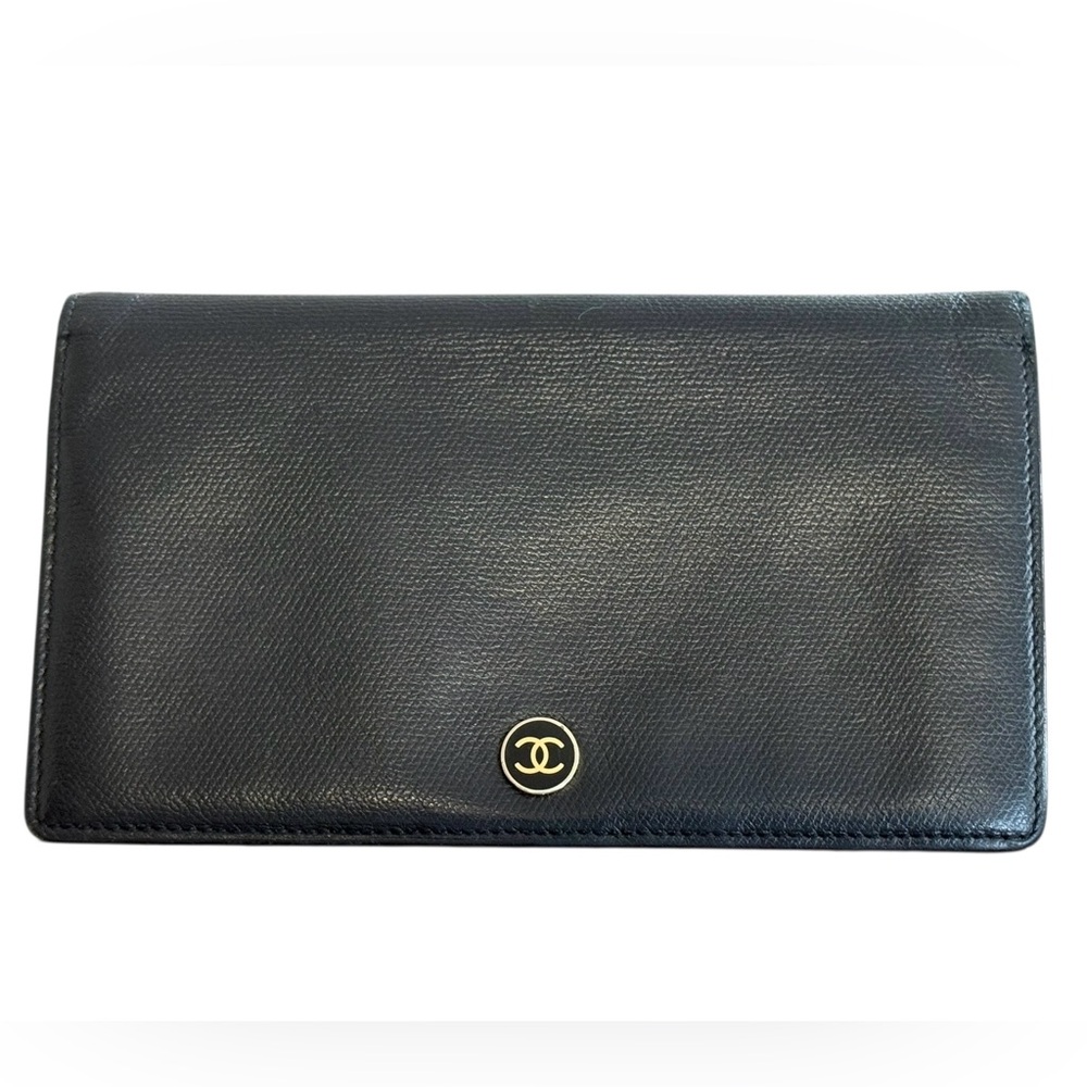 CHANEL Authentic Bifold Long Wallet CC Button Black Leather with COA